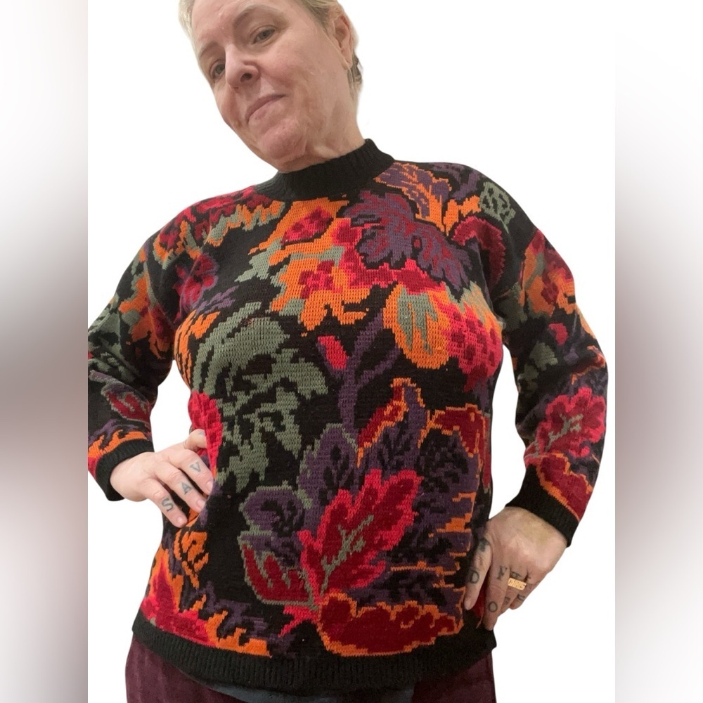 Arielle maximalist Art to wear bold floral knit vintage chunky Sweater-L - Picture 4 of 8